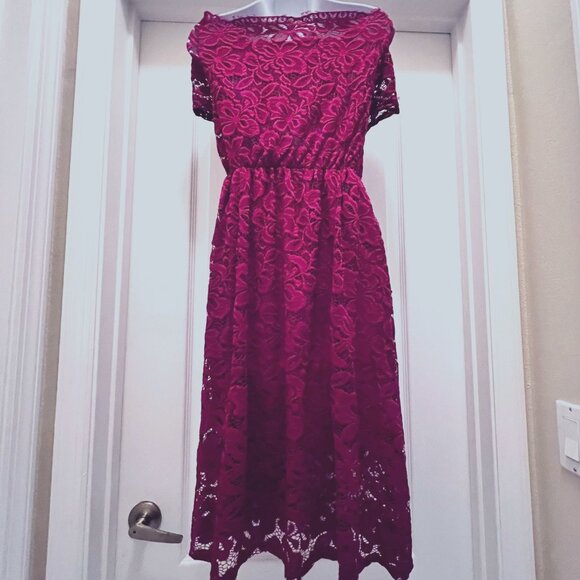 Lace Red/Maroon Off Shoulder Mini Dress-Size Large-Lined-Lightweight-Casual-NWOT - Picture 11 of 16